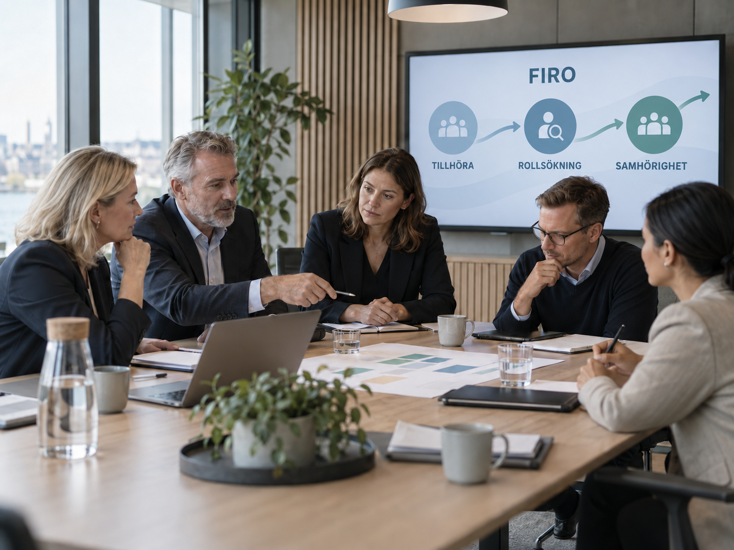 Team som diskuterar förändringsledning framför en illustration av FIRO-processens faser.