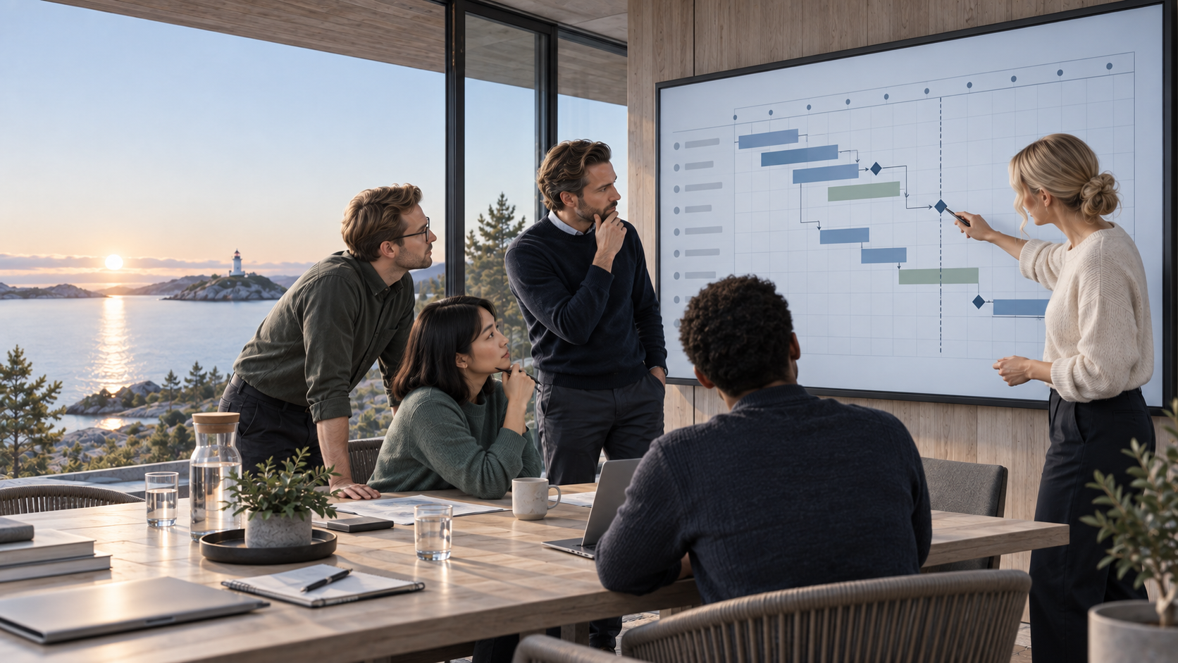 Projektteam samlat kring en Gantt-plan med aktiviteter, milstolpar och beroenden.